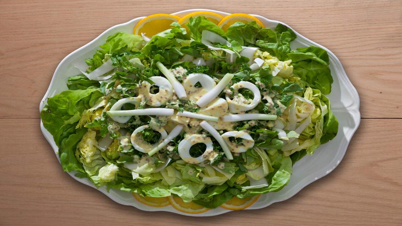 The Basic Information Of Freshly Plucked Salad Greens And Dressings